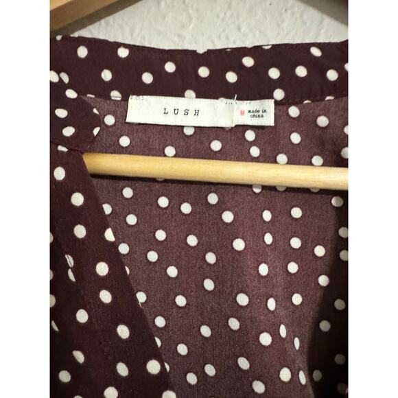 Lush Maroon Cream Polka Dot Tie Front Midi Dress Medium - Picture 2 of 4